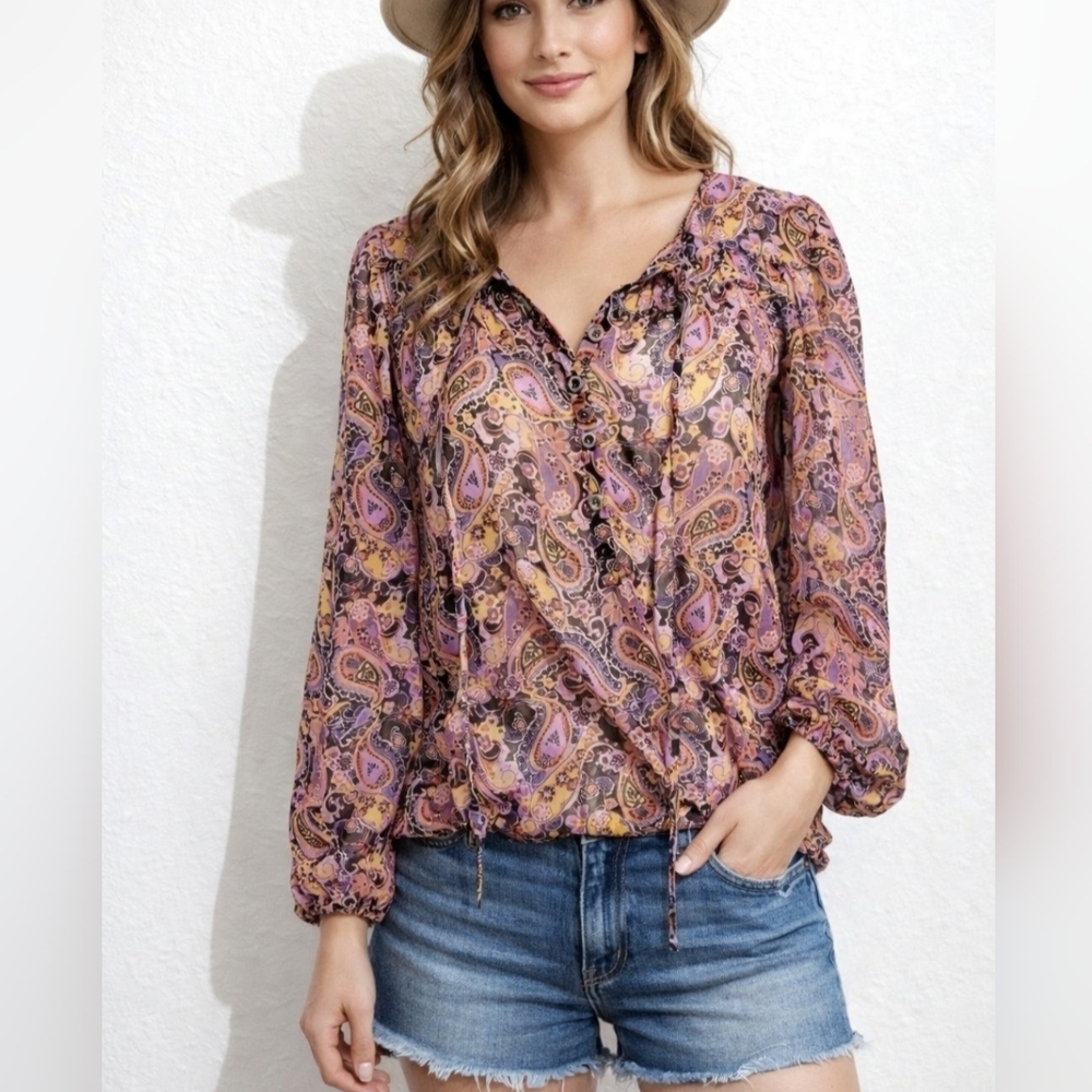 Wrangler Rock 47 Woven Top All Over Paisley Print Purple Sheer Woman's Size S